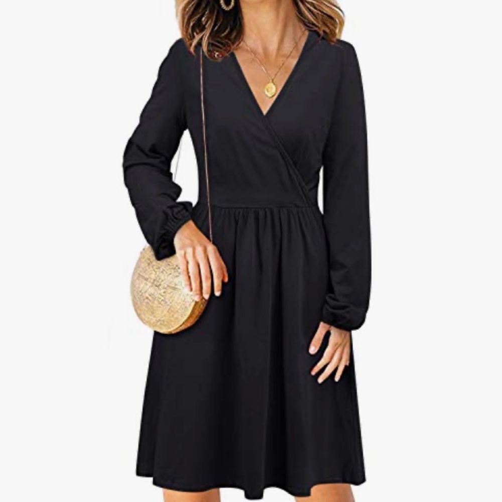 Black Long Sleeve Wrap-Style Dress – Size Small